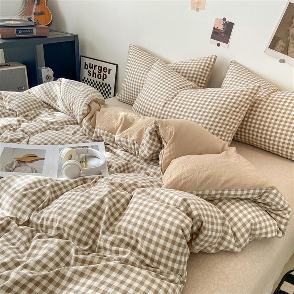 Bettwäsche Kariert 140x200 Beige Karomuster Microfaser Bettwäsche-Sets und Kissenbezug 70x90 cmZerti