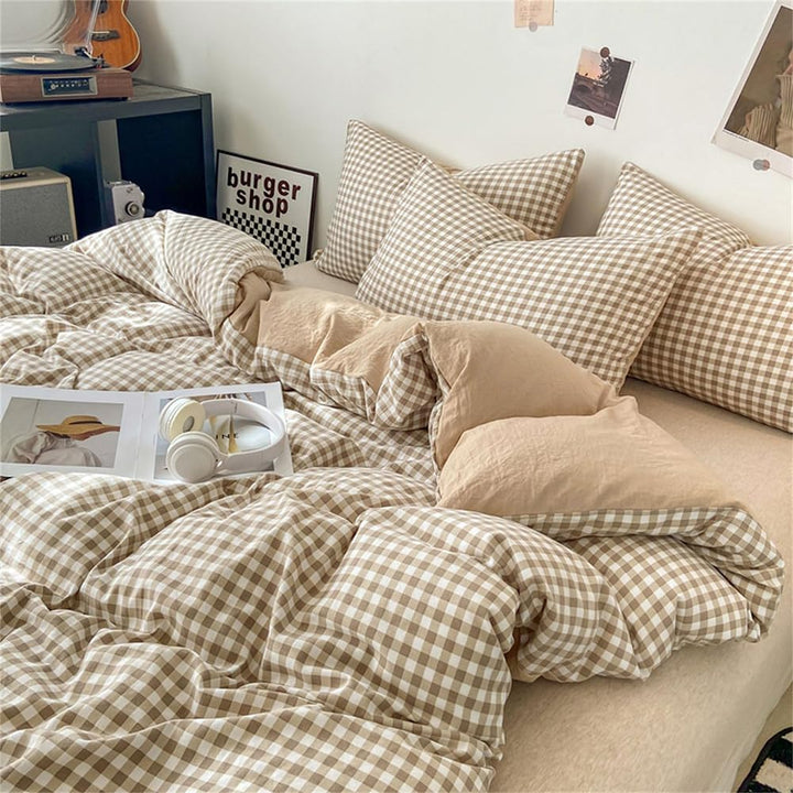 Bettwäsche Kariert 140x200 Beige Karomuster Microfaser Bettwäsche-Sets und Kissenbezug 70x90 cmZerti