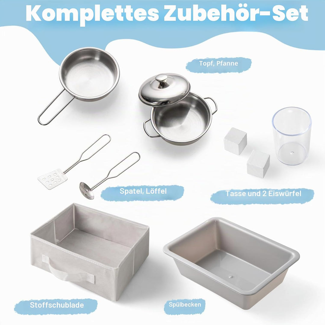 HOMASIS Kinderküche Holz, Spielküche mit beleuchteter Mikrowelle Herd Ofen Spüle Eismaschine Tafel A