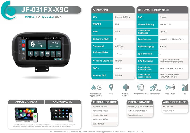 Personalisiertes Autoradio für FIAT 500X Android GPS Bluetooth WiFi USB DAB+ Touchscreen 9" 8core Ca
