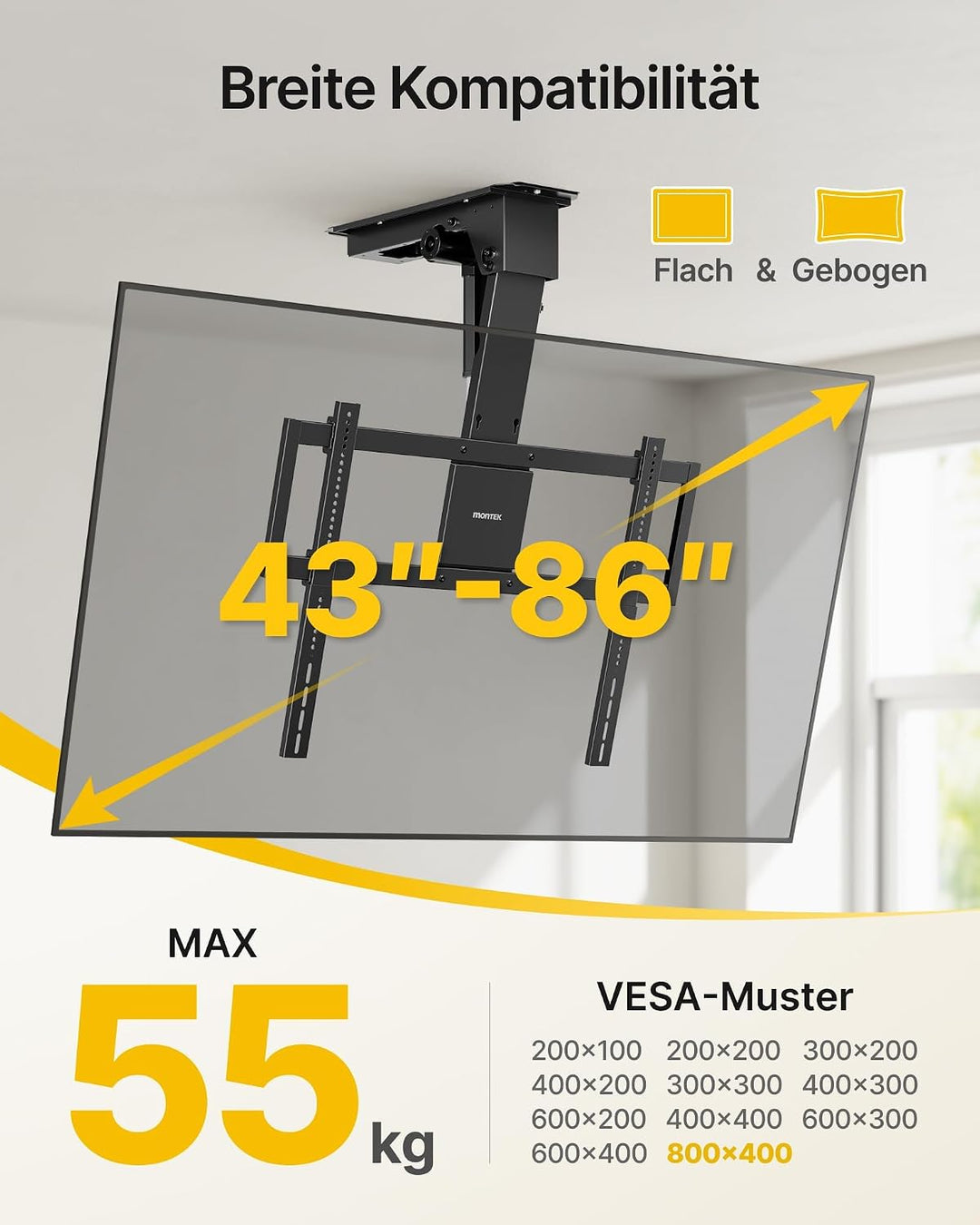 monTEK Motorisierte TV Deckenhalterung von 43-86 Zoll, hochbelastbar bis 55 kg, kompatibel mit Off-C