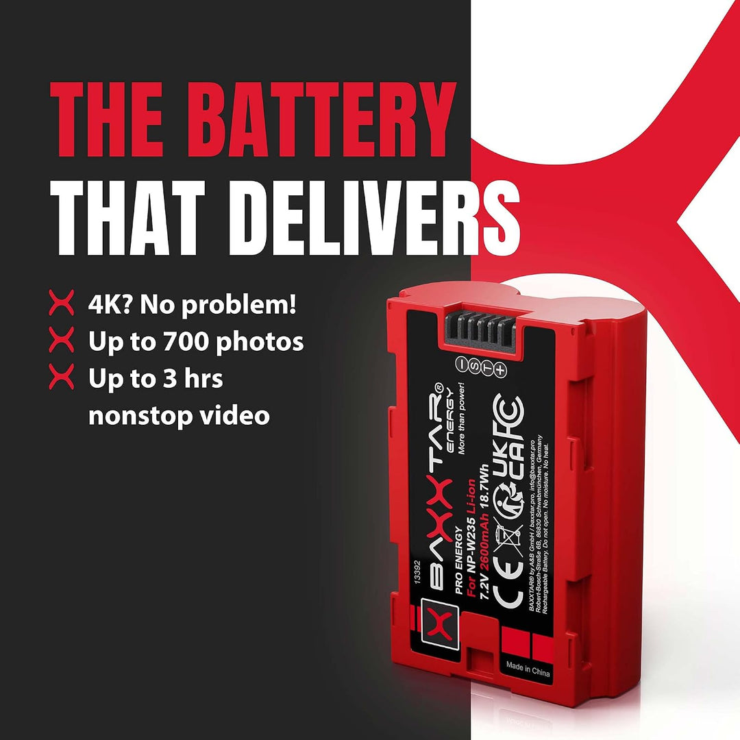 Baxxtar NP-W235 2400mAh Kamera-Akku Pack mit aktivem NTC-Sensor - mit Ladegerät Mini 18882 USB Dual