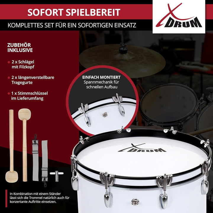 XDrum MBD-218 Marsch Bass Trommel, Fussball Pauke 18" x 12" (6,5 kg, 4 Ösen, Spannschrauben, inkl. P