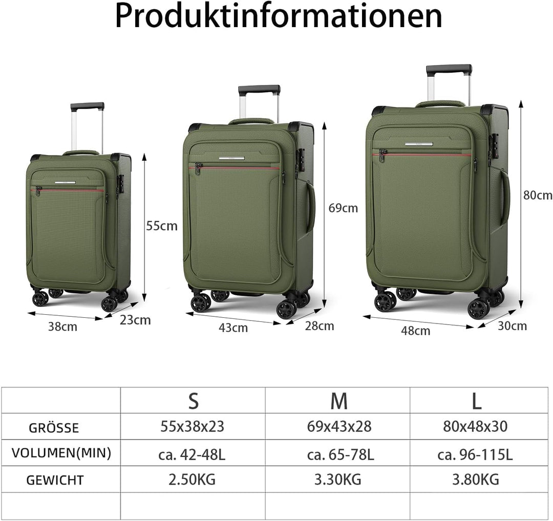 Weichschalenkoffer gross 80x48x30cm erweiterbar - Stoffkoffer Trolley wasserfest, Reisekoffer mit 4