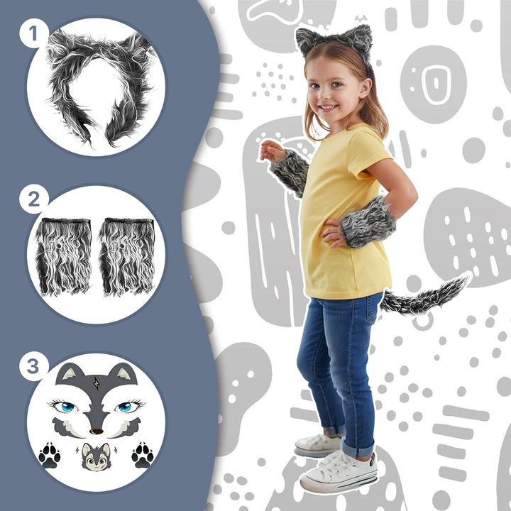 Wolfskostüm-Zubehör-Set, Wolfsohren, Handschuhe, Wölfe, Schwanz, Wölfe, Gesicht, Aufkleber, Kostüme