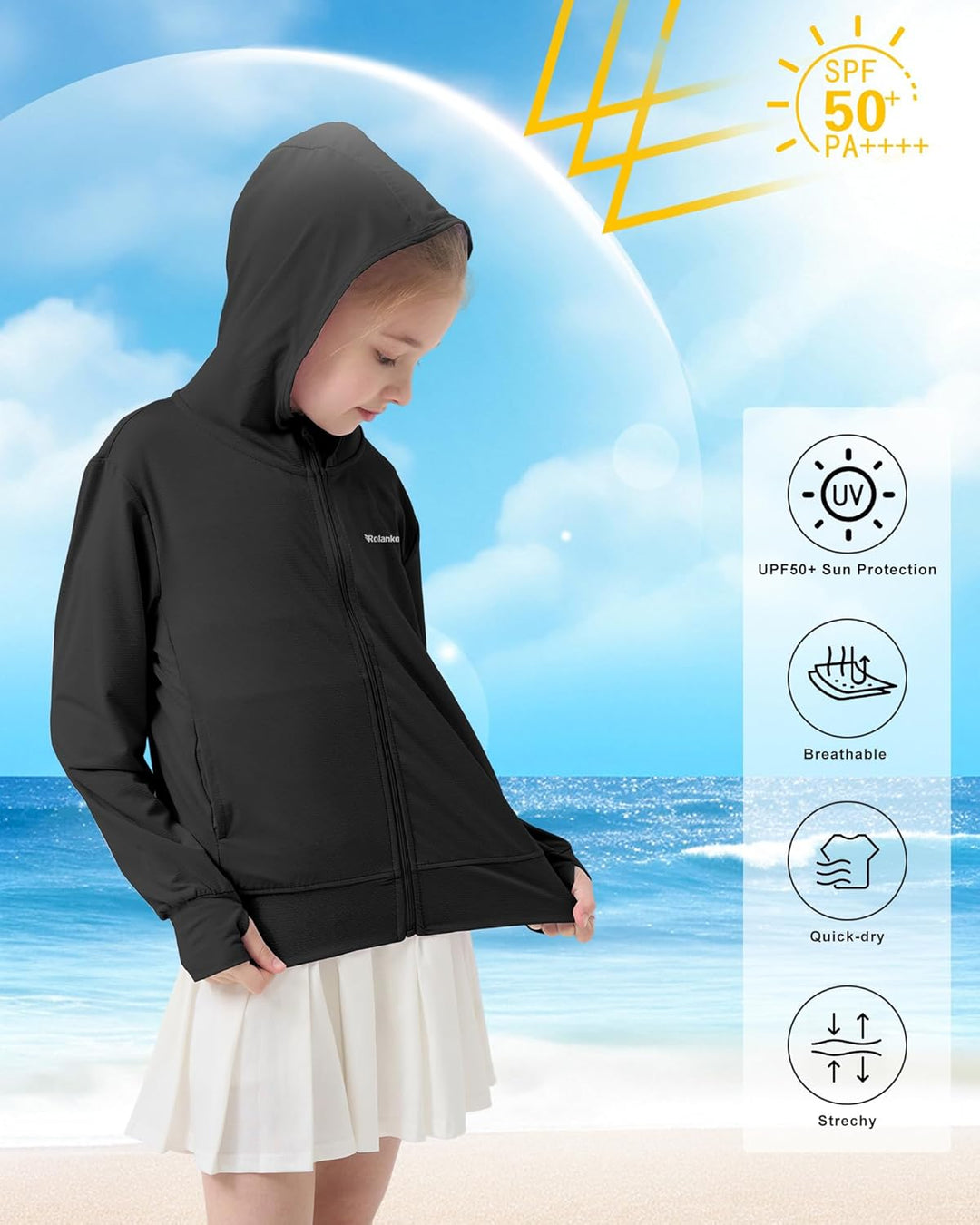 Rolanko Mädchen Sommerjacke mit Daumenlöchern Langarm Sonnenschutz Schnell Trocknend Reissverschluss