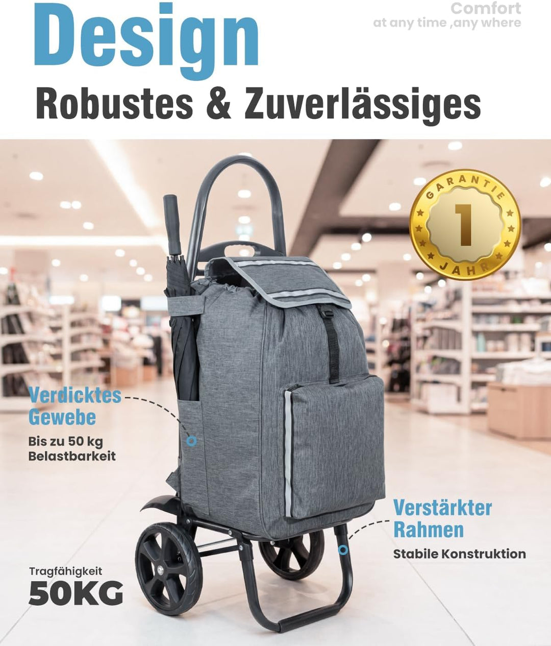 Homecall Einkaufstrolley Klappbar Einkaufswagen mit 50L + 5L kühlfunktion Bis 50KG, Einkaufstasche m