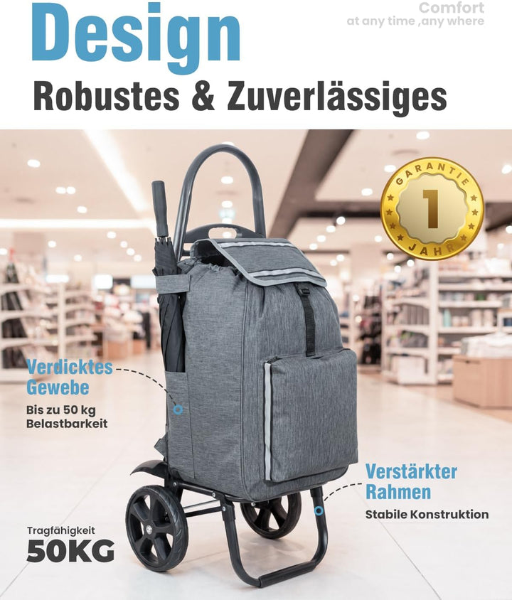 Homecall Einkaufstrolley Klappbar Einkaufswagen mit 50L + 5L kühlfunktion Bis 50KG, Einkaufstasche m