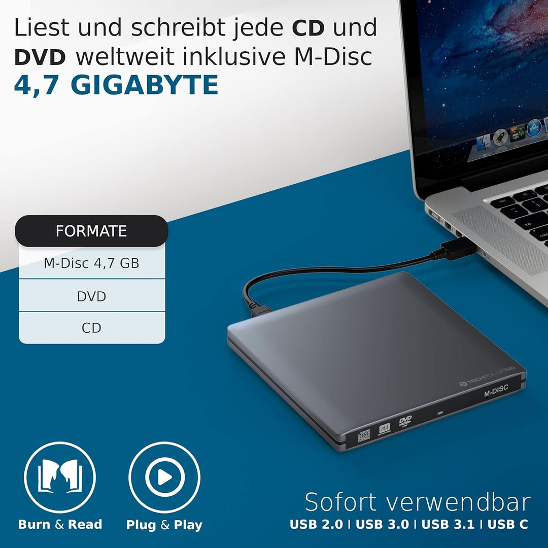 techPulse120 USB 3.0 & Type C M-Disc externer DVDRW CDRW Brenner Writer Alu Grau Burner Superdrive L