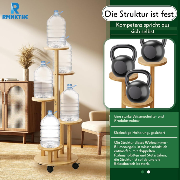 Bambus Blumenregal mit Rollen | 5-stufig 20kg Traglast | Naturmaterial wasserfest | Einfache Montage