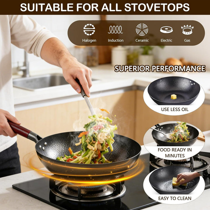 Wok mit Deckel 32 cm, Natürliche Gehämmerten Antihaft Wok aus Kohlenstoffstahl mit Akazienholz Griff