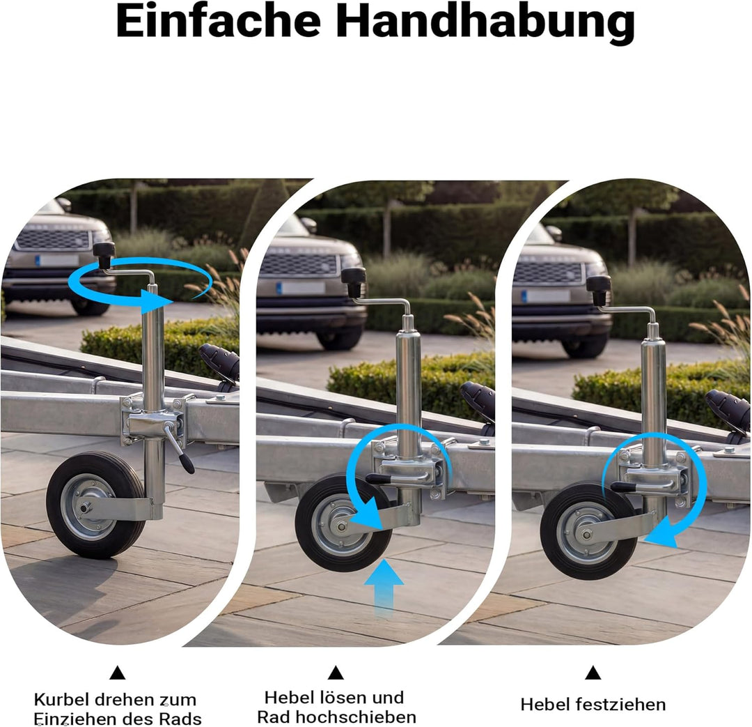 Wiltec Stützrad für Anhänger bis 362 kg ø48 mm, Bugrad inkl. Klemmhalter & Schellen, Abstellstütze m