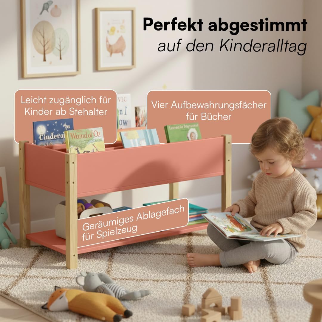 Bellabino Teme Bücherregal Kinderzimmer – Kinderbücherregal mit 4 Fächern – Montessori Bücherregal m