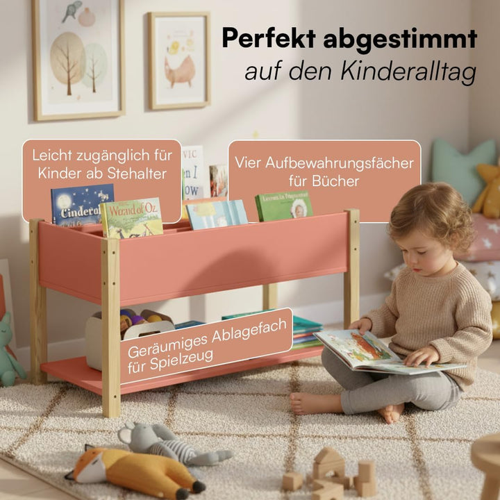 Bellabino Teme Bücherregal Kinderzimmer – Kinderbücherregal mit 4 Fächern – Montessori Bücherregal m