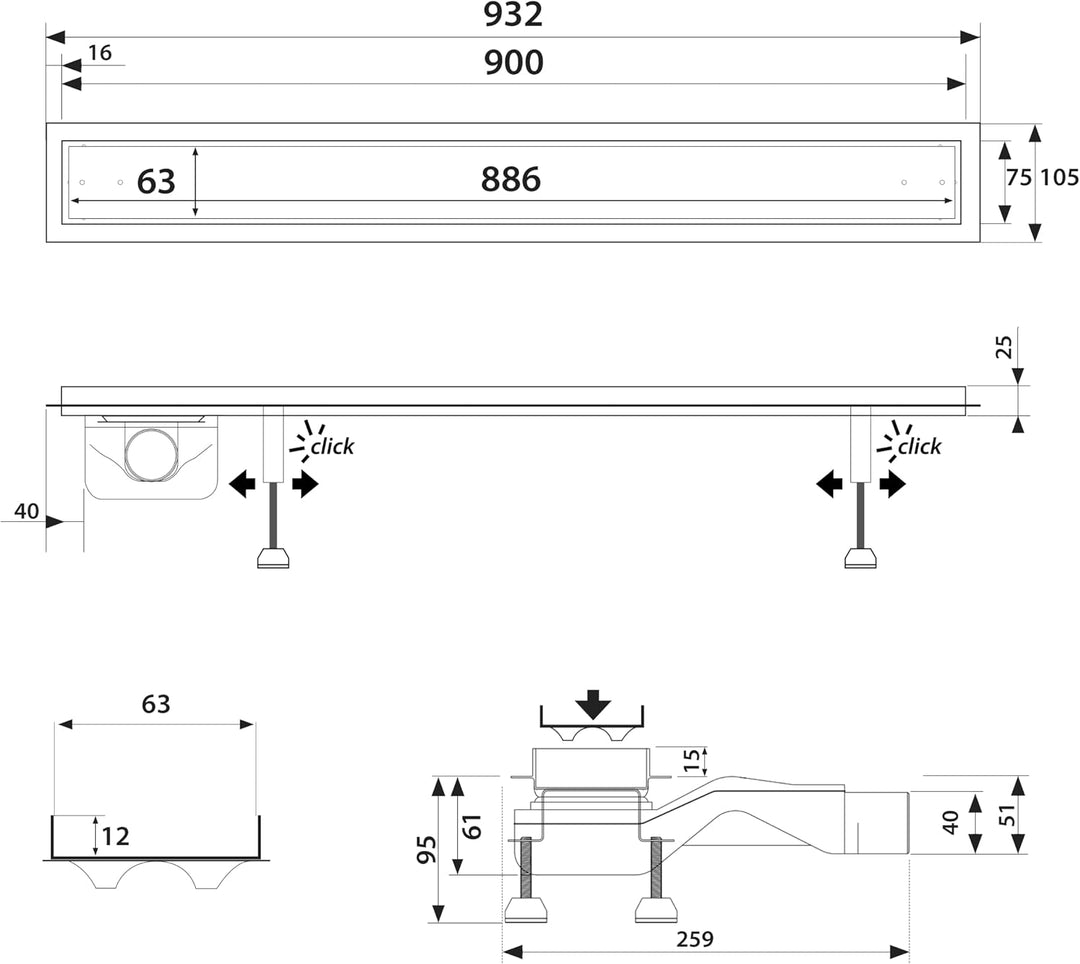 extraflache Edelstahl Duschrinne Complete Basic Abgang seitlich Länge: 90 cm Inkl. befliesbare Mulde