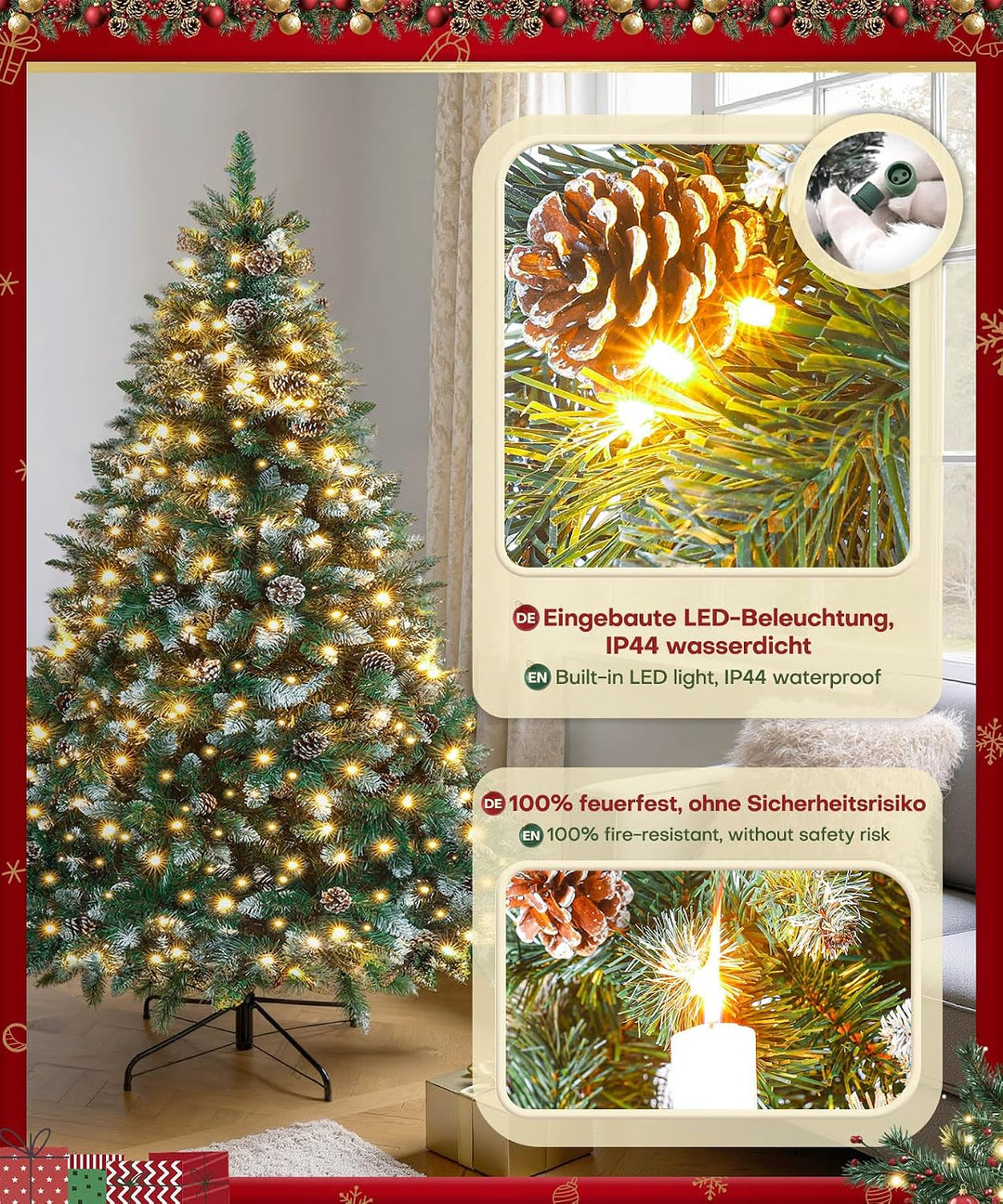 Yorbay künstlicher Weihnachtsbaum mit Beleuchtung und weissem Schnee, LED Tannenbaum für Weihnachten