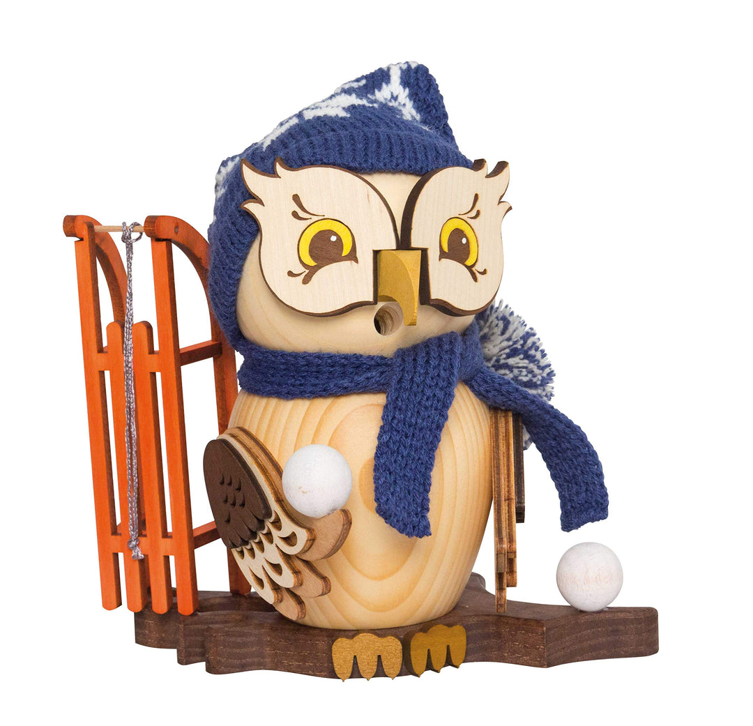 Drechslerei Kuhnert Rauchfigur/Räucherfigur - Eule mit Schlitten aus Massivholz - ca. 15 cm - Made i