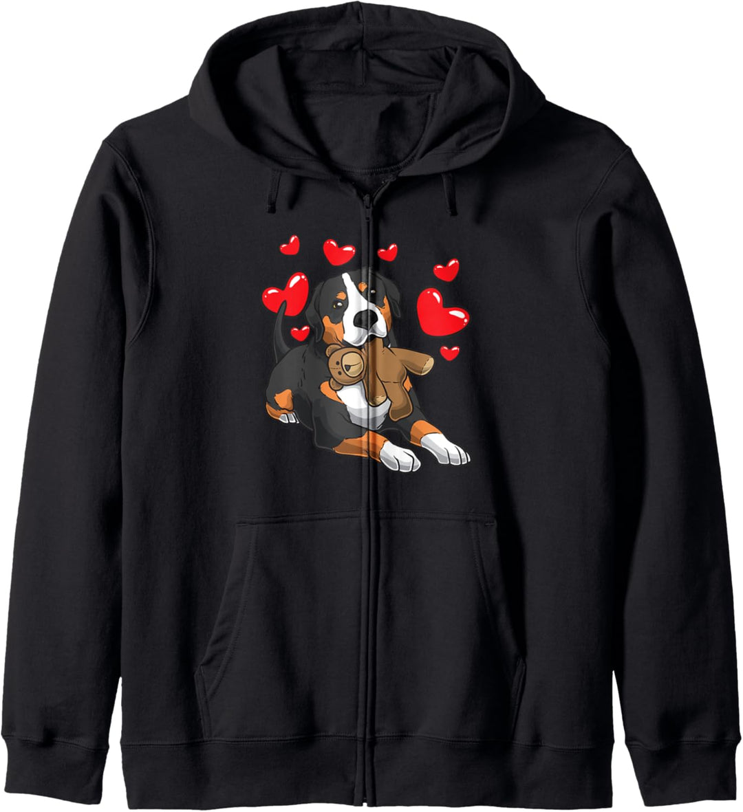 Grosser Schweizer Sennenhund mit Kuscheltier Kapuzenjacke