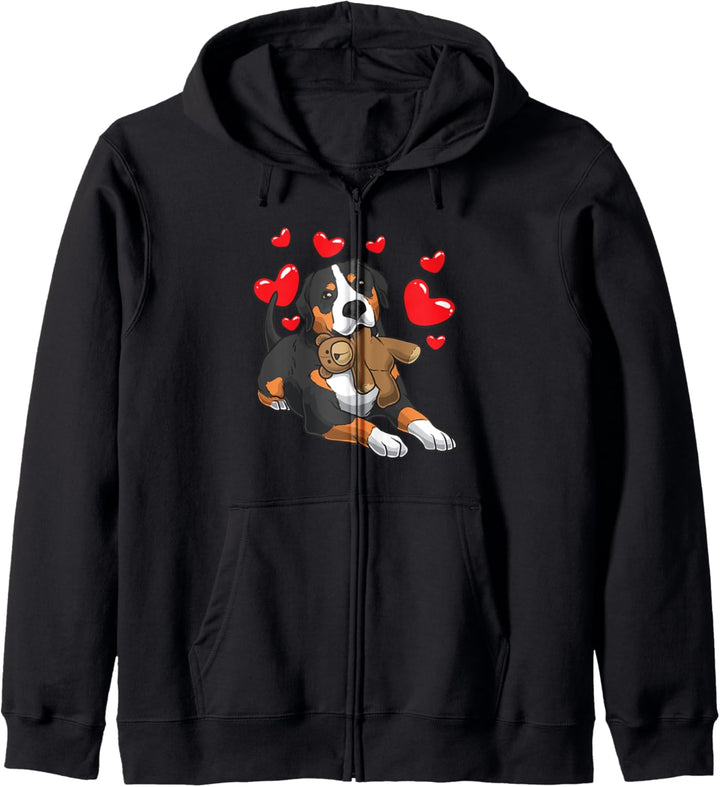 Grosser Schweizer Sennenhund mit Kuscheltier Kapuzenjacke