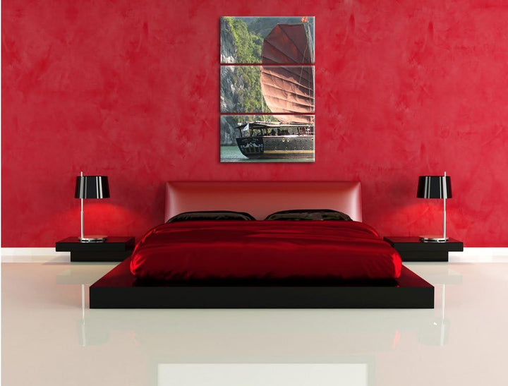 Pixxprint Segelschiff im Sonnenuntergang 3Teiler 120x80 cm Leinwandbild Wandbild Kunstdruck