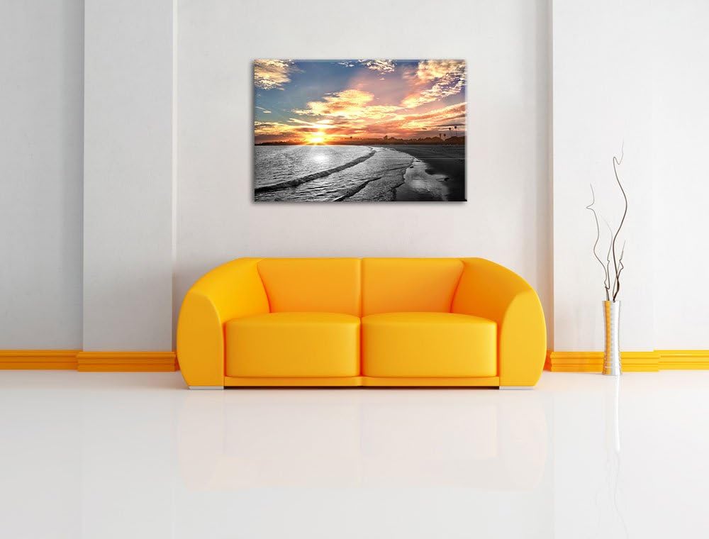 Strand bei romantischem Sonnenuntergang schwarz/weiss Format: 100x70 auf Leinwand, XXL riesige Bilde