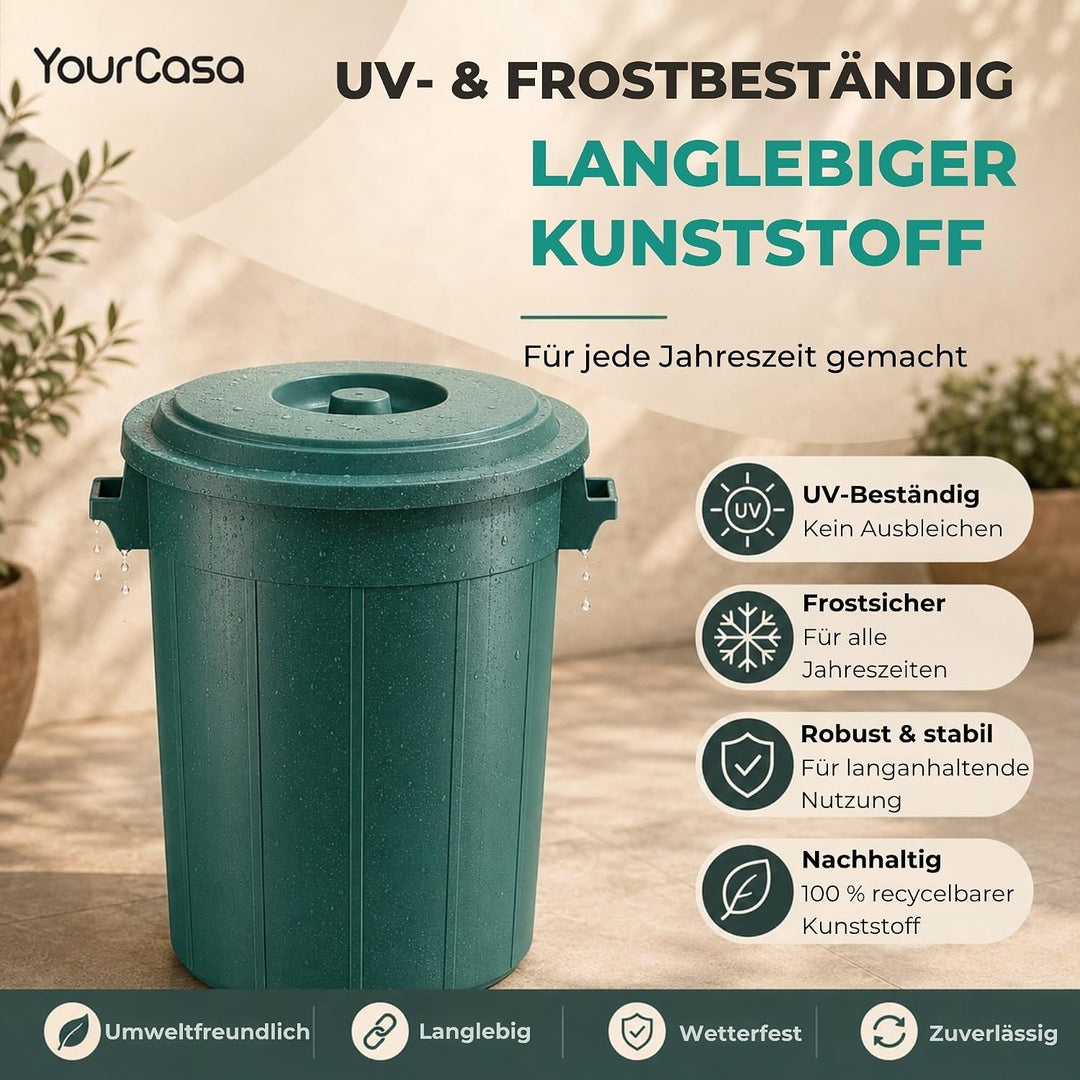 YourCasa Mülltonne 50L - Mülleimer mit Deckel verschliessbar - Tonne mit Trageriffen für Garten - Fu
