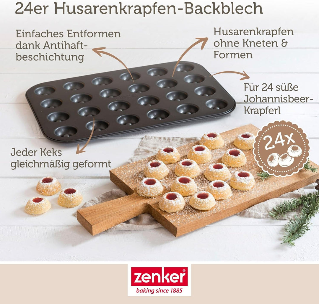 Zenker Backform für 24 Husarenkrapfen & Engelsaugen, beschichtetes Backblech (38 x 27 cm), für lecke