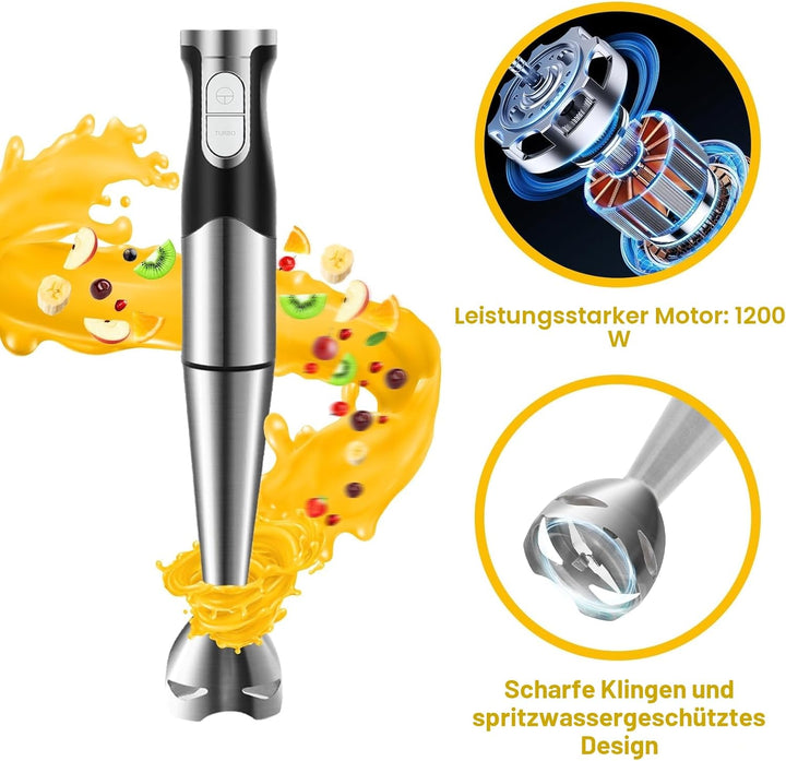 NWOUIIAY Handmixer Stabmixer Elektrischer 6-in-1 1200W Edelstahl Pürierstab mit 600ml Messbecher,Ede