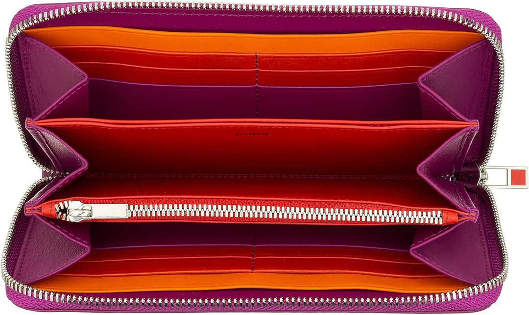 DUDU Grosse Bunte Damenbrieftasche RFID in echtem Leder mit Rundum - Reissverschluss Fuchsia, Fuchsi