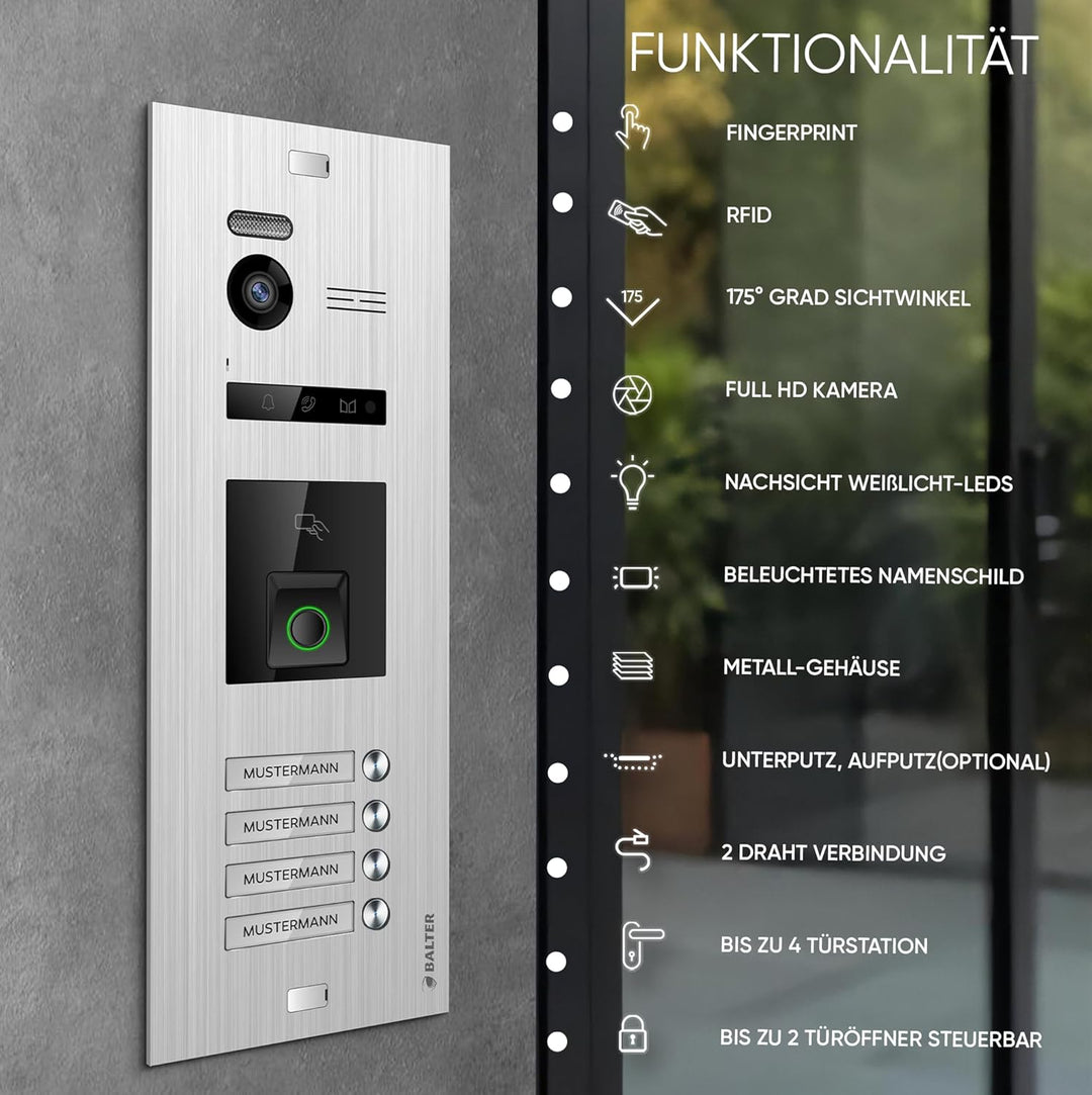 Balter EVO-HD Video Türsprechanlage mit Fingerprint, Video Türklingel, Smartphone App, 4 Familienhau