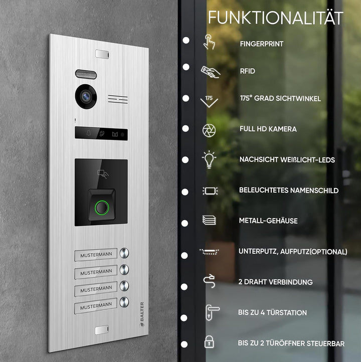 Balter EVO-HD Video Türsprechanlage mit Fingerprint, Video Türklingel, Smartphone App, 4 Familienhau