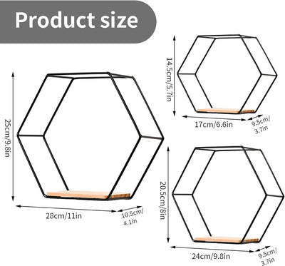 Hexagon Wandregal Schwarz Metall 3er Set, Regal Wand Deko Hängeregal Loft Wandregale, Regal Schwarz