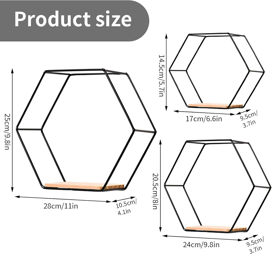 WingFly Hexagon Wandregal Ablage aus Holz Metall, 3 Grössen Hängeregal Schweberegal Gitterregal Wand