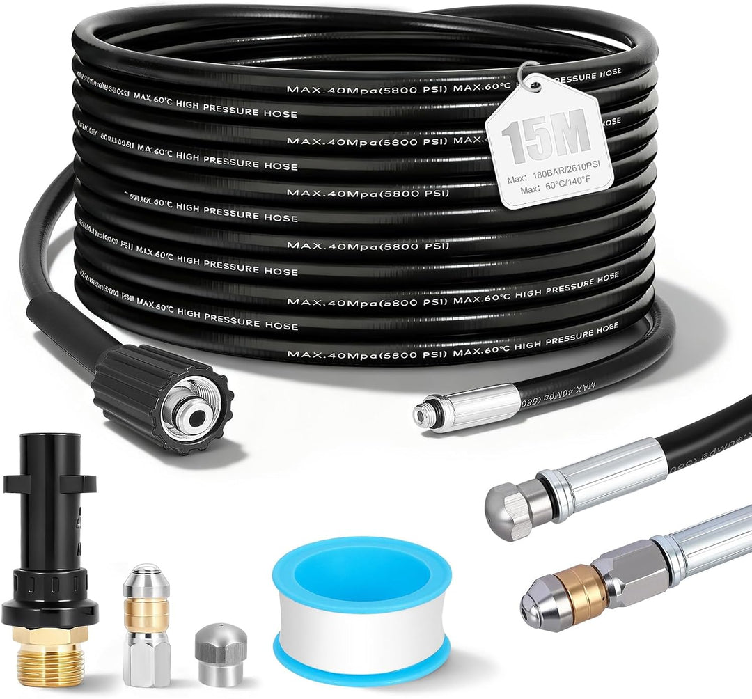 15m Rohrreinigungsschlauch Set, Druckluftschlauch mit Adapter, 2 Düsen (Strahl und Rotationsdüse) un