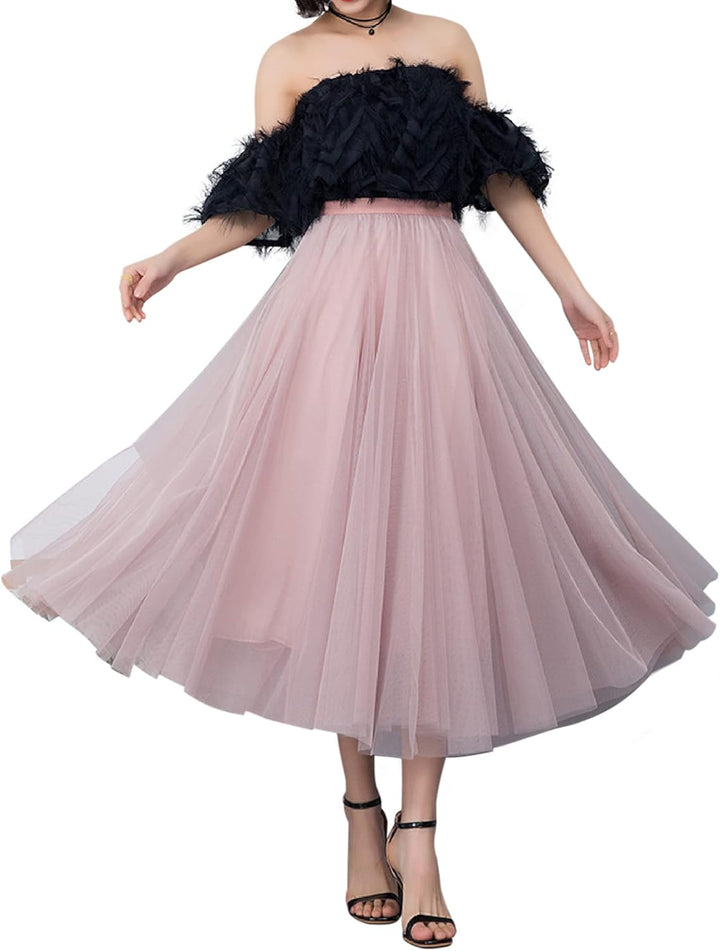 Damen Tüllrock Midi Faltenrock Hoher Bund Schick Rock Elastisch Taille Drapiert Stoff 36-40 Rosa, 36