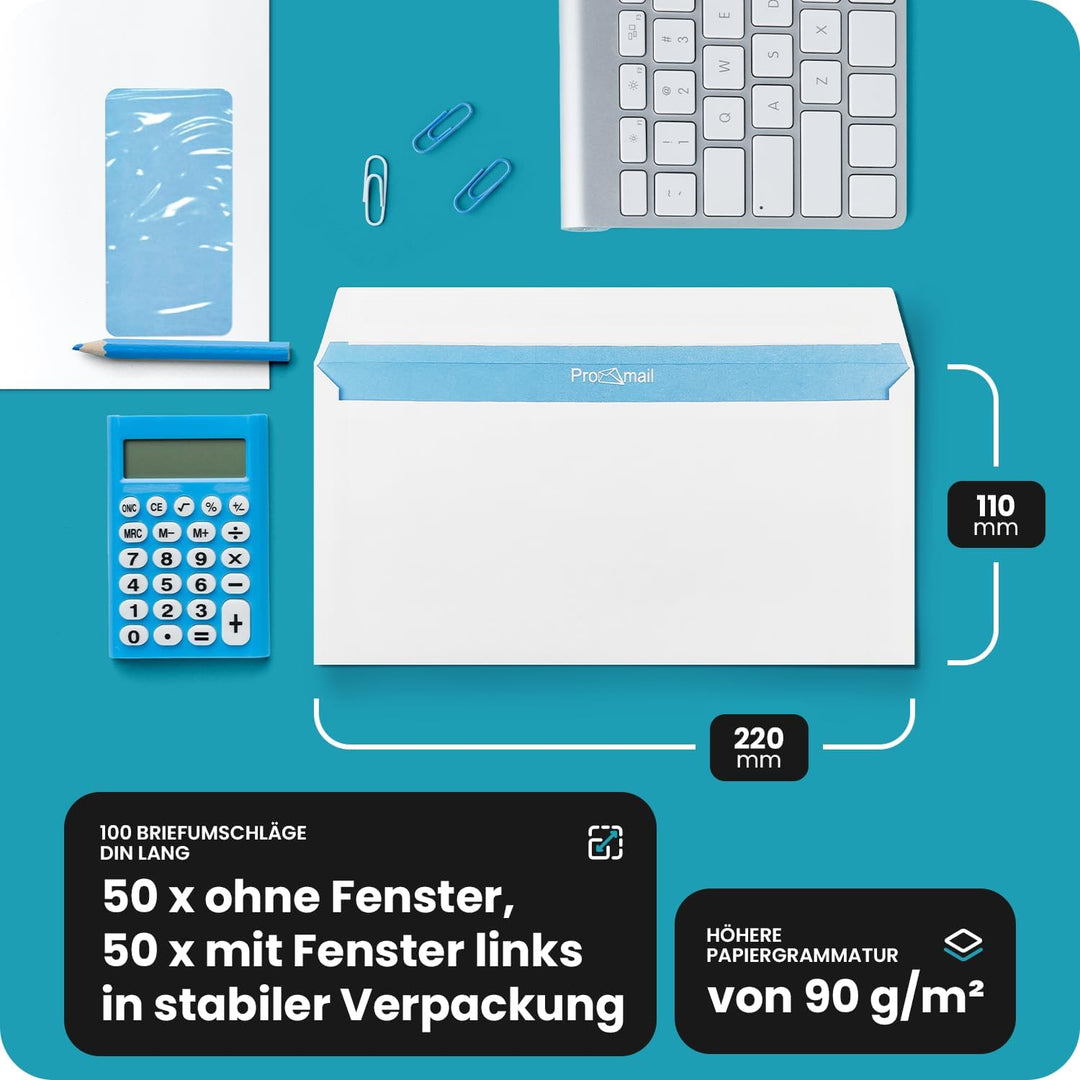 Netuno 100 Stück Briefumschläge DIN Lang Weiss 11 x 22 cm 90g (50x ohne Fenster + 50x mit Fenster li