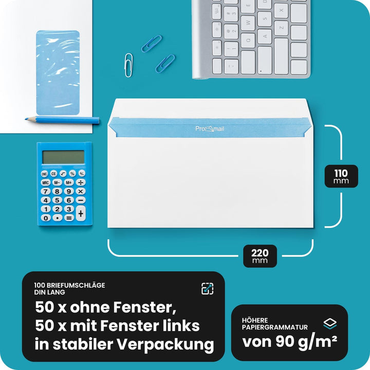 Netuno 100 Stück Briefumschläge DIN Lang Weiss 11 x 22 cm 90g (50x ohne Fenster + 50x mit Fenster li