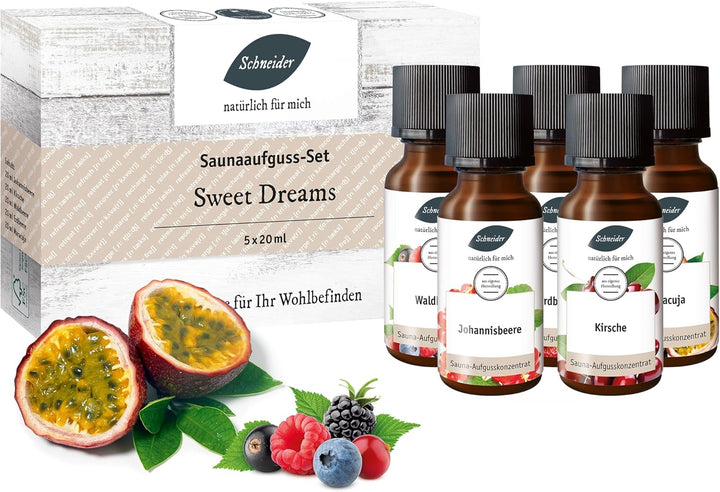Saunabedarf Schneider - Aufgussset Sweet Dreams 5 x 20 ml Inhalt – fruchtig-süsser Saunaaufguss - wo