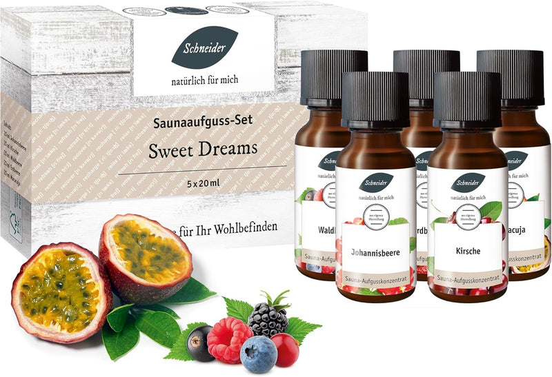 Saunabedarf Schneider - Aufgussset Sweet Dreams 5 x 20 ml Inhalt – fruchtig-süsser Saunaaufguss - wo