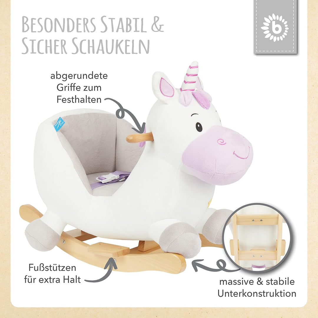 Bieco Plüsch Schaukeltier Einhorn, 60 cm | Kinder Schaukelstuhl mit Sicherheitsgurt | Baby Schaukel