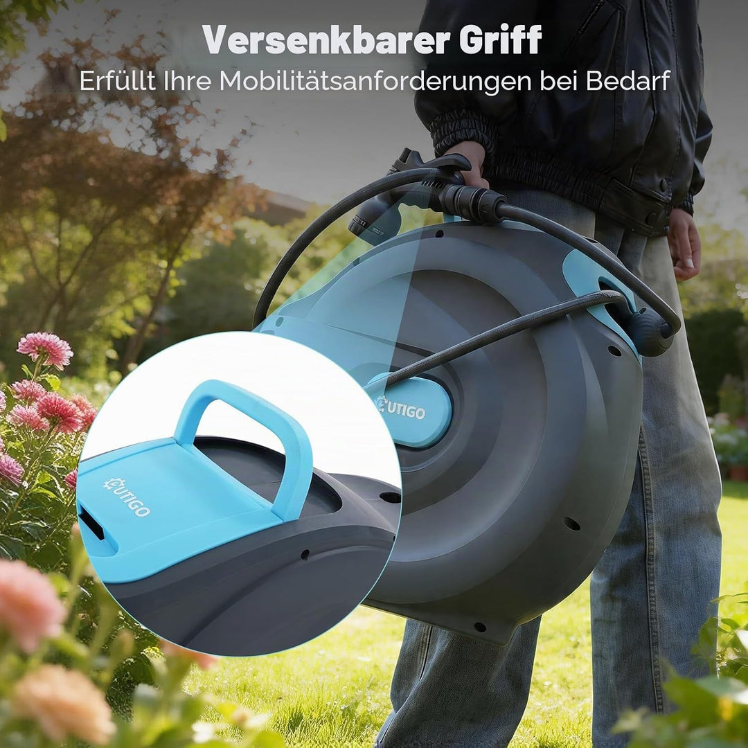 OUTIGO automatische Schlauchtrommel Wasser 25m, 180° schwenkbar mit Wandhalterung und Tragegriff, Sc