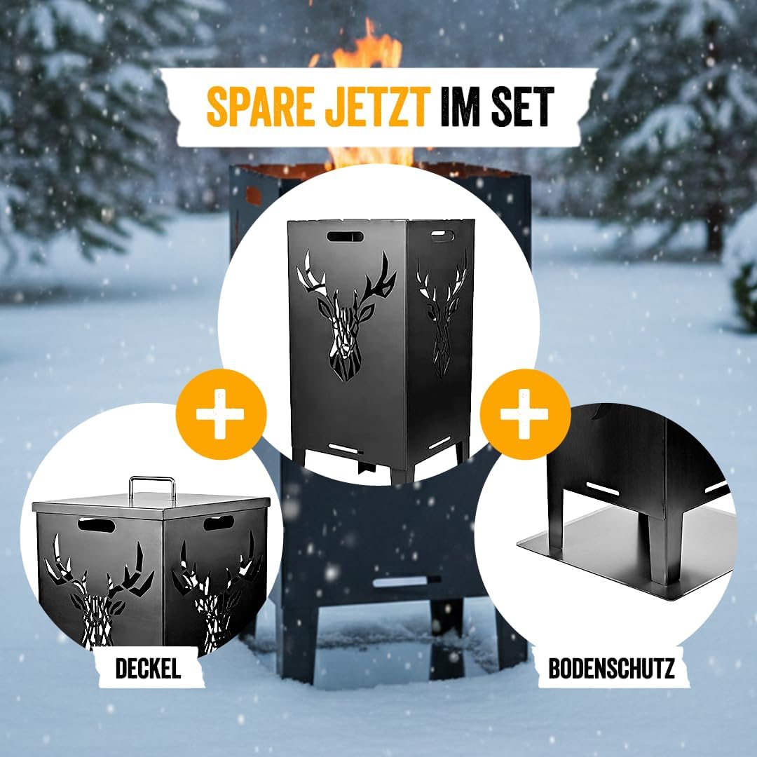 Feuertonne Hirsch & Löwe - Massive Feuerkorb Feuerschale aus Stahl Outdoor Firepit mit Motiv Stabil,