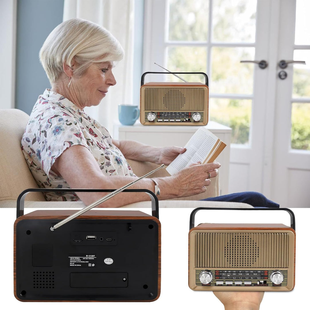 Retro Radio mit Bluetooth, Nostalgie Kofferradio Klein mit AM/FM/SW3, USB/TF/AUX, Wiederaufladbar, K