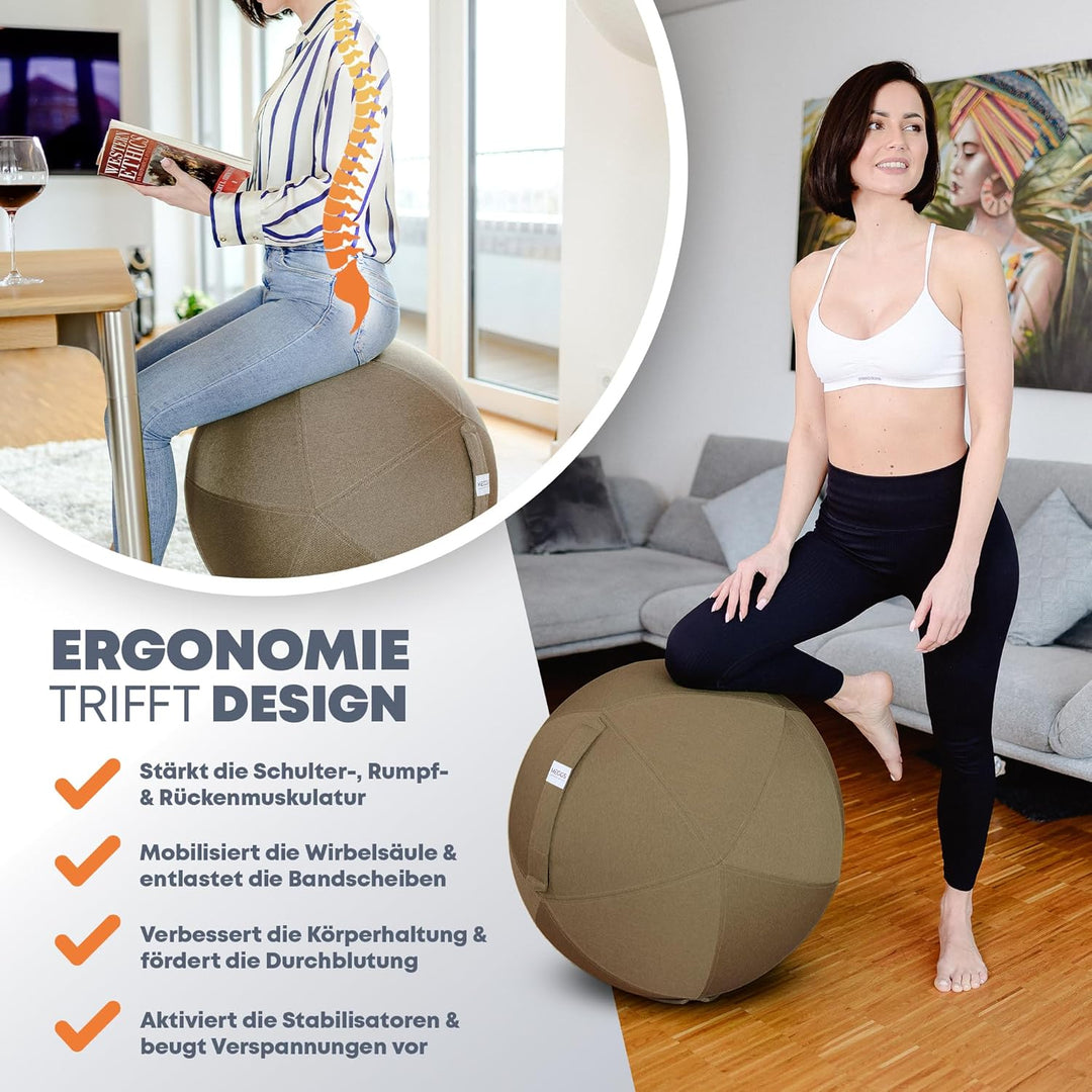 MEGGS® Stoff-Sitzball 65cm, Ergonomisch Sitzen im Büro & Zuhause, [Wegrollschutz & Platz-Sicher], Pe