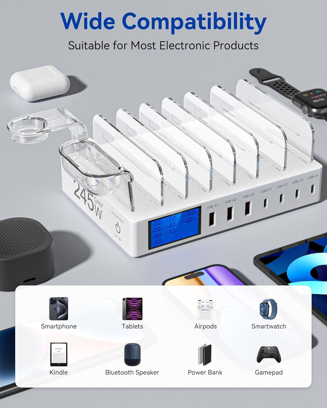 Ladestation Mehrere Geräte, 245W 7-Port-Handy Ladestation mit LCD-Anzeige, 100W PD USB C Schnelllade