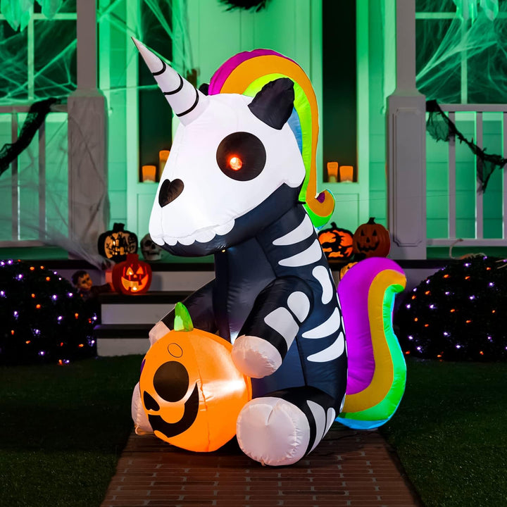 Joiedomi Aufblasbares Halloween-Skelett-Einhorn, 152 cm, aufblasbar, mit eingebauten LEDs, aufblasba