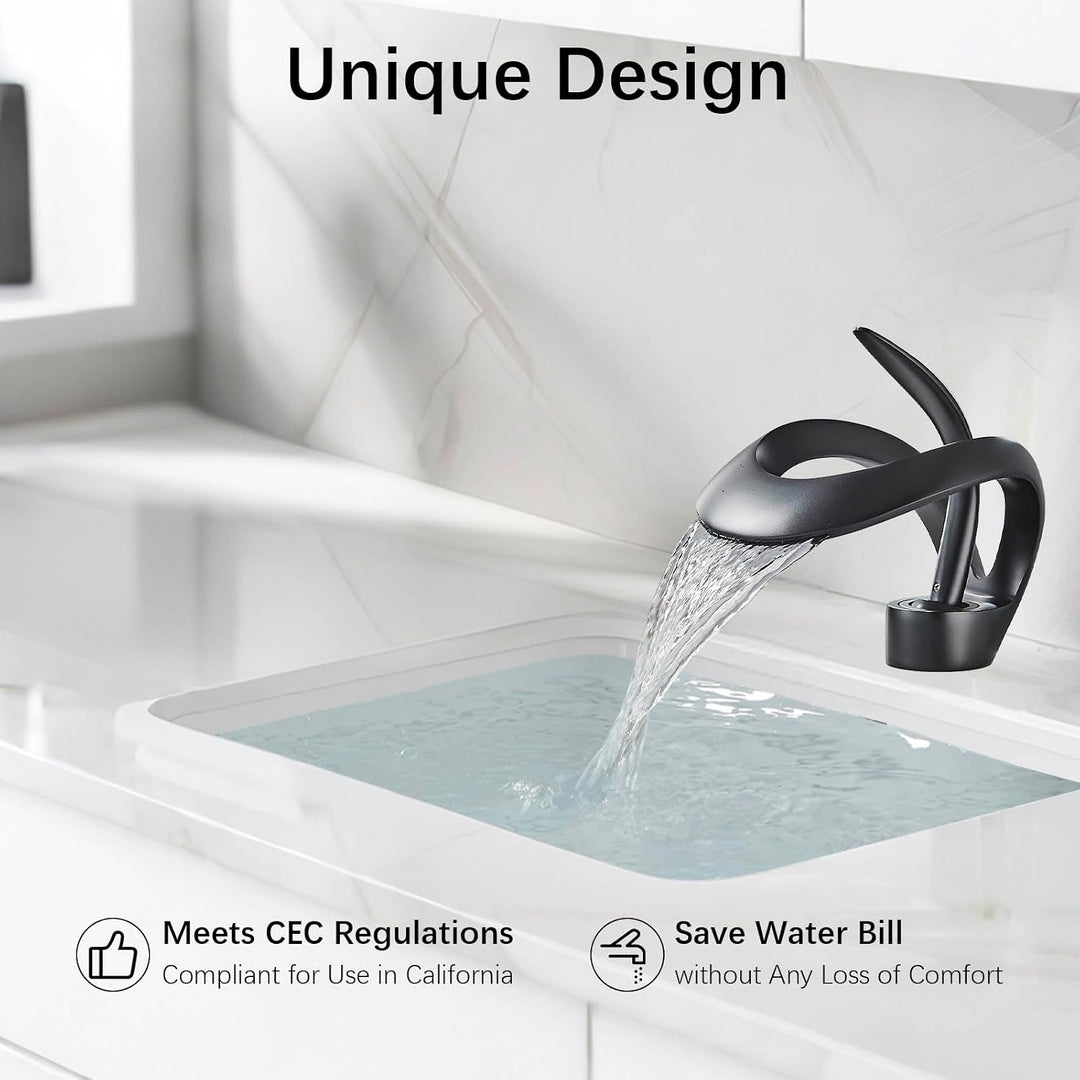 Badezimmer-Wasserhahn Wasserfall, rund, Einhandgriff Einloch Waschtisch-Waschbecken mattschwarz Wasc