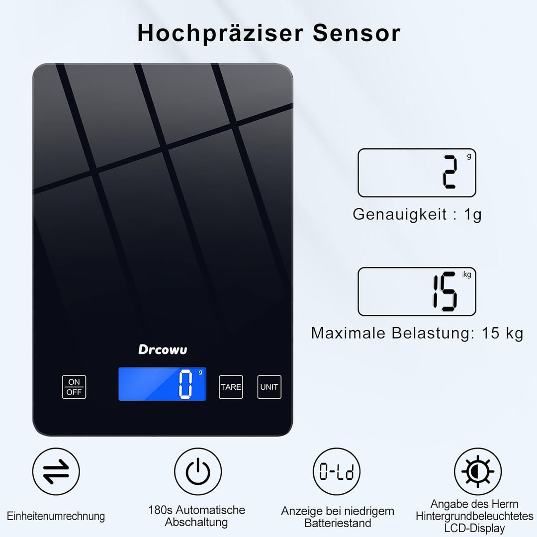 Küchenwaage Digitale, 15kg Professionelle Waage Küchenwaage, Wasserdicht küchenwaagen mit LCD-Displa