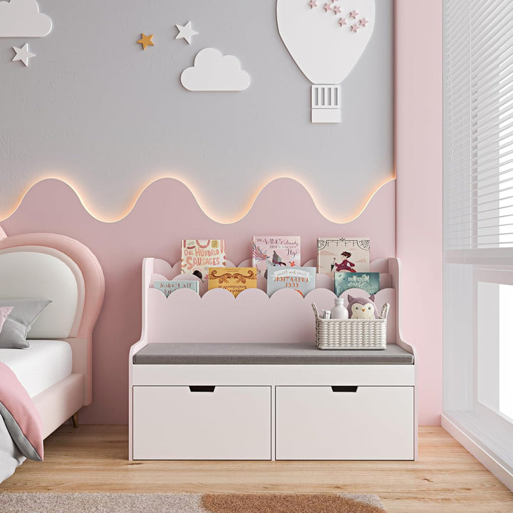[en.casa] Kinder Sitzbank mit Bücherregal Vestnes Kinderbank mit 2 Schubladen Kinderregal mit 2 Fäch