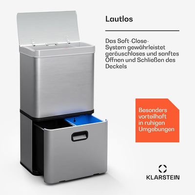 Klarstein 56 L Edelstahl-Sensormülleimer mit 3 Fächern (36+2x10 L), Bedienfeld mit LED-Anzeige, Soft